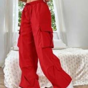 SHEIN EZwear Flap Pocket Side Drawstring Waist Red Pants